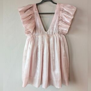 Storia Pink Ruffled Sheen Pink Baby Doll Mini Dress Size S V-Neck Delicate